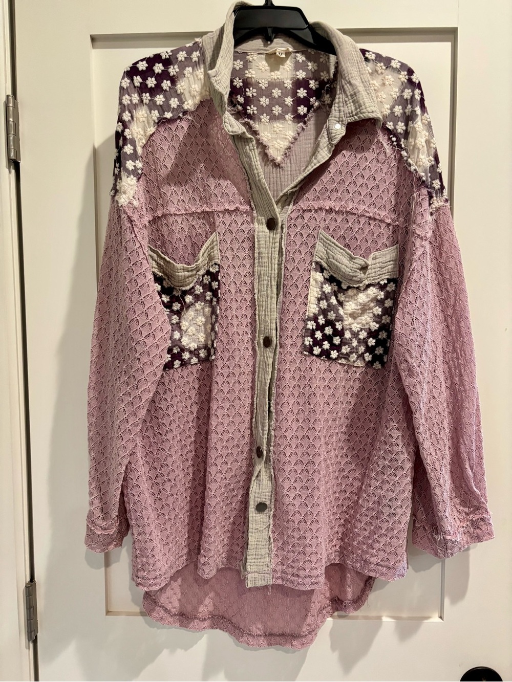 POL Lavender Lace Button-Up Shirt with Floral Patches